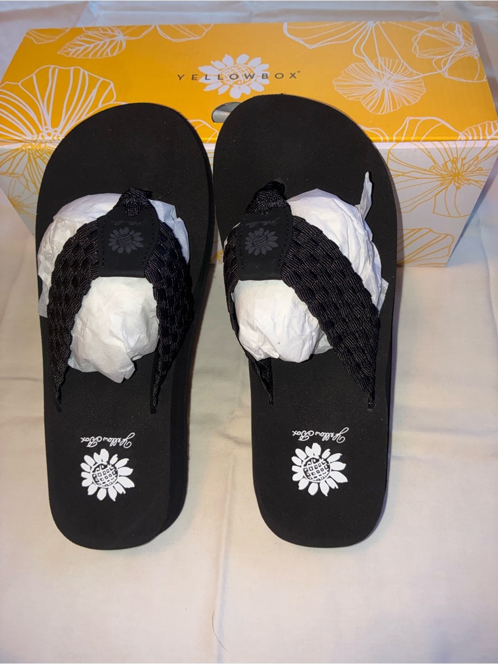 NIB Yellow Box Soleil Black Woven Wedge Flip Flops Sandals Size 7M